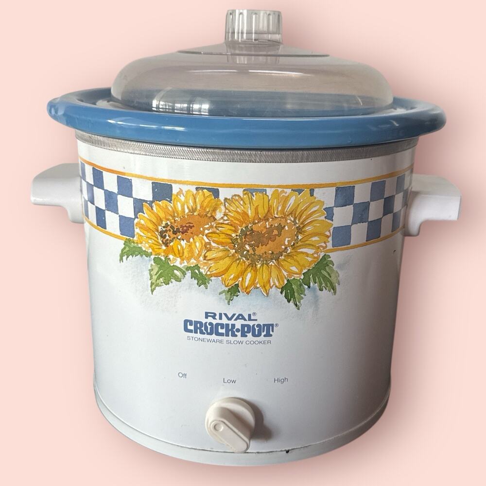 Vtg Rival Crock Pot 3150 3.5 Quart Sunflower White Blue Checker Slow Cooker Lid